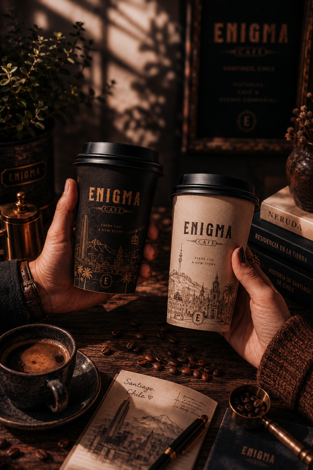 Dos vasos de Enigma Café, negro y kraft, junto a libros y café